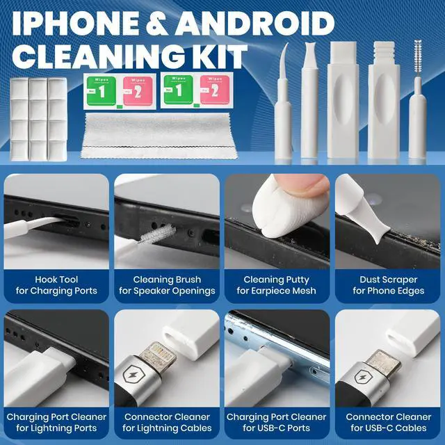 Alt view image 2 of 7 - Upgraded 47PCS Phone Cleaning Kit, AirPod & iPhone Cleaner, Electronics Cleaning Tools for Charging Port/USB-C/Speaker, Laptop Cleaner for Keyboard Screen, Tech Gifts for Men, Cool Gadgets (White)