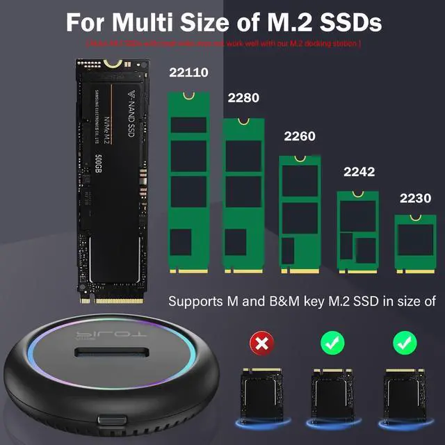 Alt view image 3 of 6 - M.2 NVMe & SATA to USB C Docking Station, M.2 SSD to USB A C Reader Adapter for Both M Key & B+M Key NVMe PCIE and SATA NGFF SSD Dock, Size for 22110 2280 2260 2242 2230 RGB Light Enclosure