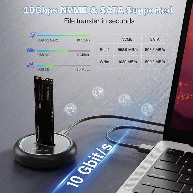 Alt view image 4 of 6 - M.2 NVMe & SATA to USB C Docking Station, M.2 SSD to USB A C Reader Adapter for Both M Key & B+M Key NVMe PCIE and SATA NGFF SSD Dock, Size for 22110 2280 2260 2242 2230 RGB Light Enclosure
