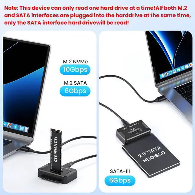 Alt view image 4 of 6 - M2 NVME Enclosure USB to SATA Adapter, External Hard Drive Reader for M.2 NVMe M Key B + M Key 2.5" SATA HDD/SSD, 10Gbps USB 3.2 Gen2, Plug and Play