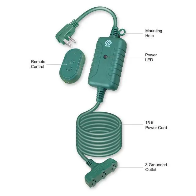 Alt view image 3 of 5 - Outdoor 3 Grounded Outlets with Wireless Remote Control, 15 ft Power Cord, Green.