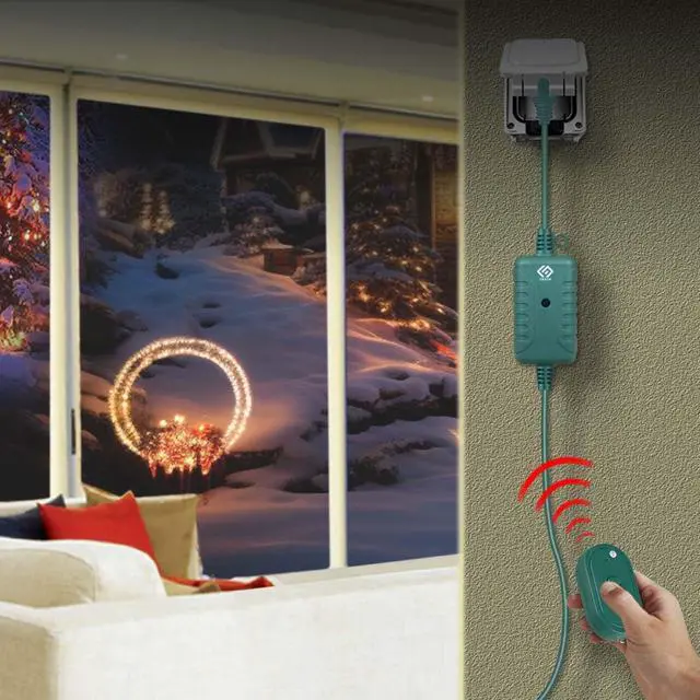 Alt view image 5 of 5 - Outdoor 3 Grounded Outlets with Wireless Remote Control, 15 ft Power Cord, Green.