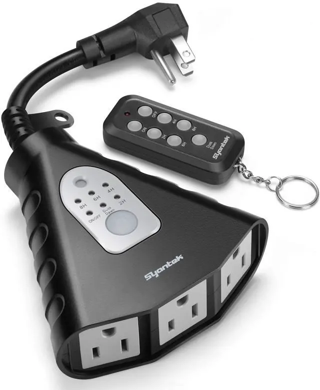 Main image of Outdoor Light Timer, Waterproof Outdoor Remote Control Outlets, Dusk to Dawn Light Sensor and Countdown Timer, 100 ft Range Remote Control with 3 Ground Outlets, ETL Listed