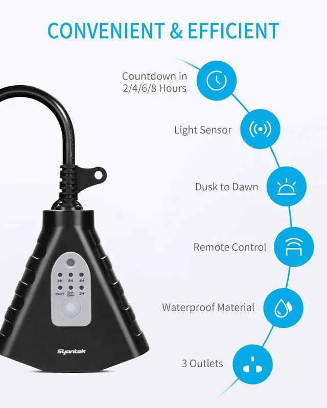 Alt view image 2 of 7 - Outdoor Light Timer, Waterproof Outdoor Remote Control Outlets, Dusk to Dawn Light Sensor and Countdown Timer, 100 ft Range Remote Control with 3 Ground Outlets, ETL Listed