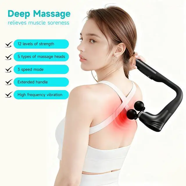 Alt view image 5 of 7 - Double-Headed Elbow Massage Gun, Percussion Muscle Massager, Suitable For Sore Muscles In The Back, Shoulders, Waist And Legs, Detachable Extended Handle, 12-Speed Adjustable, 5 Heads Are Replaceable