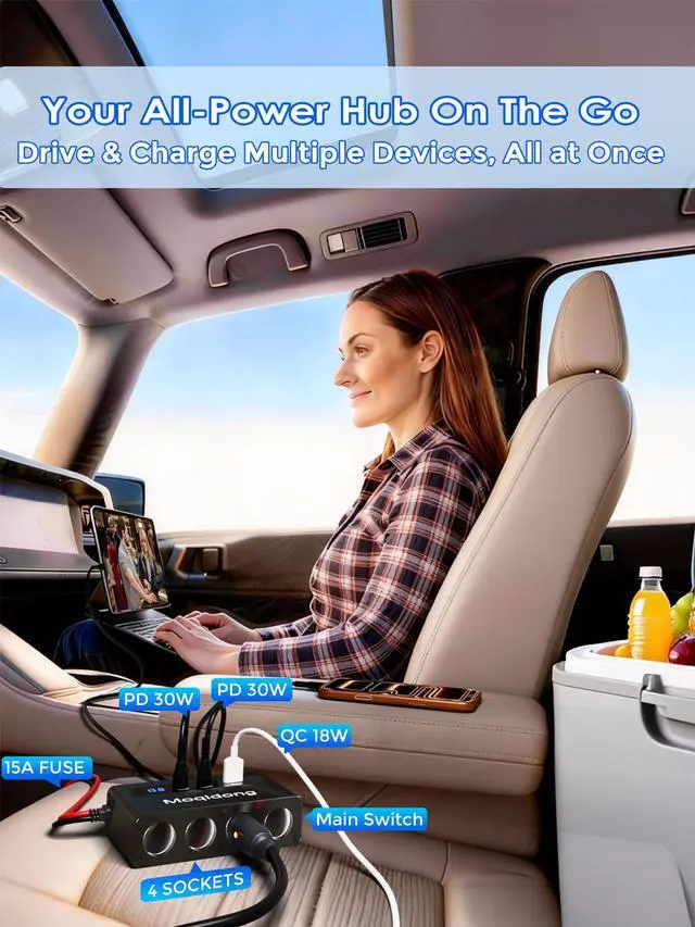 Alt view image 3 of 6 - 12V 24V Cigaretter Lighter Splitter: 360W USB Car Charger 4 Cigarette Lighter Socket 3 Multi Port Outlet Adapter, 12 Volt Power Supply Car Plug Outlet Battery Adapter with LED Display Master Switch