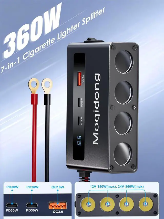 Alt view image 2 of 6 - 12V 24V Cigaretter Lighter Splitter: 360W USB Car Charger 4 Cigarette Lighter Socket 3 Multi Port Outlet Adapter, 12 Volt Power Supply Car Plug Outlet Battery Adapter with LED Display Master Switch