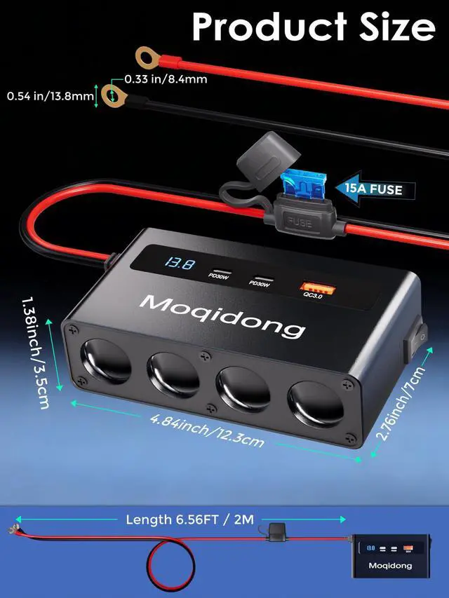 Alt view image 5 of 6 - 12V 24V Cigaretter Lighter Splitter: 360W USB Car Charger 4 Cigarette Lighter Socket 3 Multi Port Outlet Adapter, 12 Volt Power Supply Car Plug Outlet Battery Adapter with LED Display Master Switch