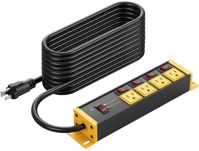 Main image of 12 Gauge Outdoor Long Extension Cord with Multiple Outlets, 20 Amp Individual Switches Heavy Duty Surge Protector Power Strip, Garage Wall Mount Outlet Extender. 50 FT, Yellow.