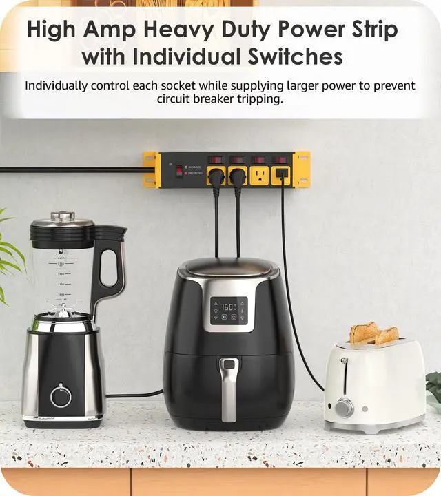 Alt view image 3 of 7 - Heavy Duty Surge Protector Power Strip 20 Amp Individual Switches. 6FT 12 Gauge Extension Cord with Multiple Outlets. Kitchen, Garage, Shop, Industrial Wall Mount Electric Extender, Yellow.