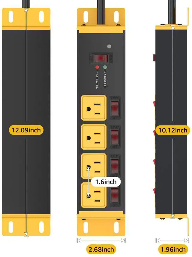 Alt view image 7 of 7 - Heavy Duty Surge Protector Power Strip 20 Amp Individual Switches. 6FT 12 Gauge Extension Cord with Multiple Outlets. Kitchen, Garage, Shop, Industrial Wall Mount Electric Extender, Yellow.