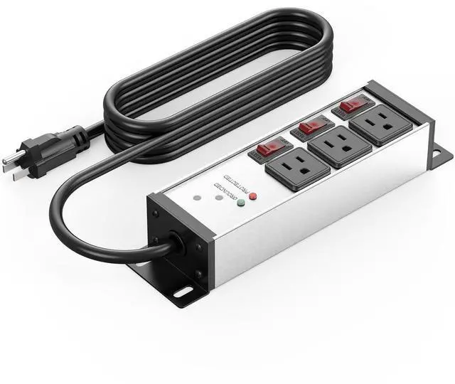 Main image of 3 Outlet Heavy Duty Surge Protector Power Strip 20 Amp Individual Switches. 12 Gauge Extension Cord, Overload, Ground Protection. Garage Wall Mount Electric Extender, 6FT, Silver.