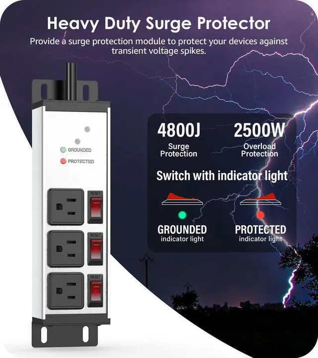 Alt view image 2 of 7 - 3 Outlet Heavy Duty Surge Protector Power Strip 20 Amp Individual Switches. 12 Gauge Extension Cord, Overload, Ground Protection. Garage Wall Mount Electric Extender, 6FT, Silver.