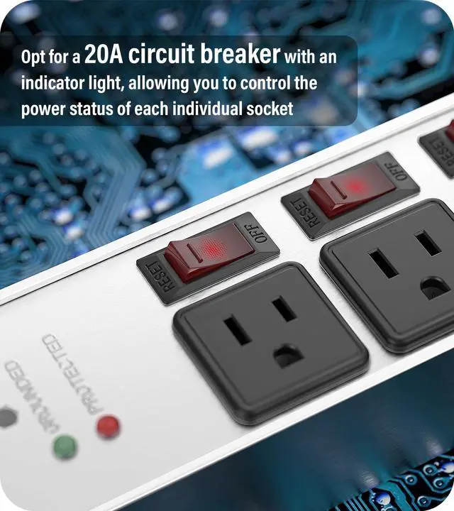 Alt view image 4 of 7 - 3 Outlet Heavy Duty Surge Protector Power Strip 20 Amp Individual Switches. 12 Gauge Extension Cord, Overload, Ground Protection. Garage Wall Mount Electric Extender, 6FT, Silver.