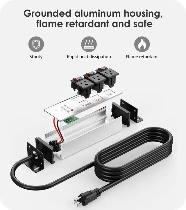 Alt view image 6 of 7 - 3 Outlet Heavy Duty Surge Protector Power Strip 20 Amp Individual Switches. 12 Gauge Extension Cord, Overload, Ground Protection. Garage Wall Mount Electric Extender, 6FT, Silver.