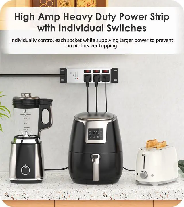 Alt view image 3 of 7 - 3 Outlet Heavy Duty Surge Protector Power Strip 20 Amp Individual Switches. 12 Gauge Extension Cord, Overload, Ground Protection. Garage Wall Mount Electric Extender, 6FT, Silver.