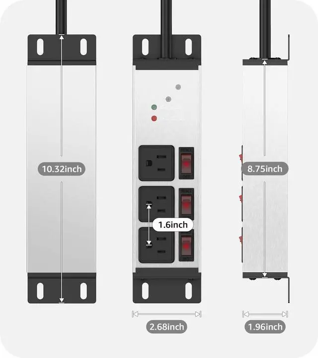 Alt view image 7 of 7 - 3 Outlet Heavy Duty Surge Protector Power Strip 20 Amp Individual Switches. 12 Gauge Extension Cord, Overload, Ground Protection. Garage Wall Mount Electric Extender, 6FT, Silver.