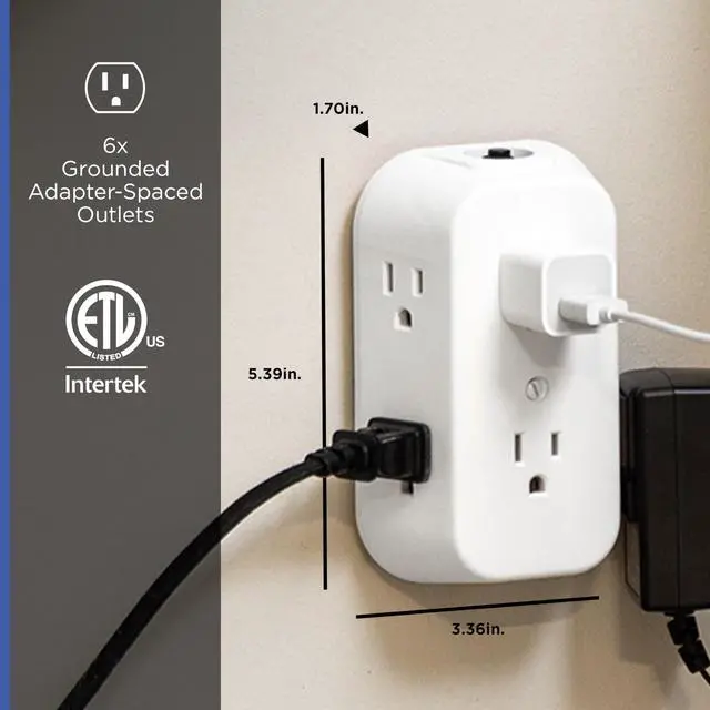 Alt view image 2 of 6 - 6-Outlet Extender, Grounded Wall Tap, Reset Button, Circuit Breaker, Adapter Spaced Outlets, 3-Prong, Multiple Plug, Quick and Easy Install, Cruise Essentials, ETL Listed, White, 56575