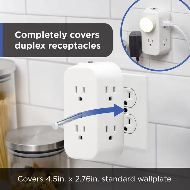 Alt view image 3 of 6 - 6-Outlet Extender, Grounded Wall Tap, Reset Button, Circuit Breaker, Adapter Spaced Outlets, 3-Prong, Multiple Plug, Quick and Easy Install, Cruise Essentials, ETL Listed, White, 56575