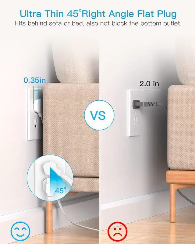 Alt view image 3 of 7 - Surge Protector Power Strip, Extension Cord with Multiple Outlets, 5 Ft Ultra Thin Flat Plug 8 Outlets 4 USB Ports(2USB C), 1080J Outlet Extender for Home Office College Dorm Room Essentials