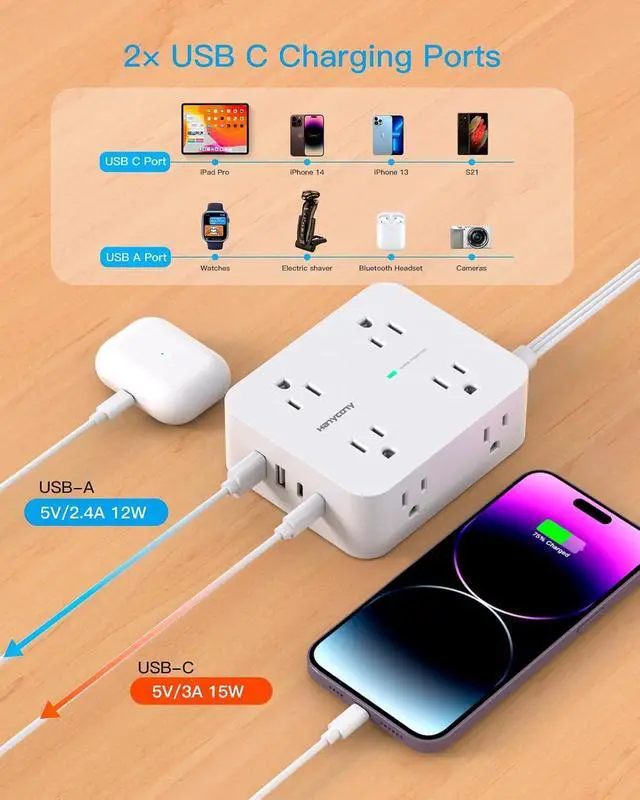 Alt view image 5 of 7 - Surge Protector Power Strip, Extension Cord with Multiple Outlets, 5 Ft Ultra Thin Flat Plug 8 Outlets 4 USB Ports(2USB C), 1080J Outlet Extender for Home Office College Dorm Room Essentials