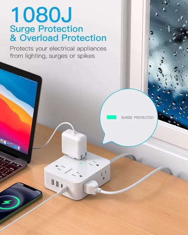 Alt view image 6 of 7 - Surge Protector Power Strip, Extension Cord with Multiple Outlets, 5 Ft Ultra Thin Flat Plug 8 Outlets 4 USB Ports(2USB C), 1080J Outlet Extender for Home Office College Dorm Room Essentials
