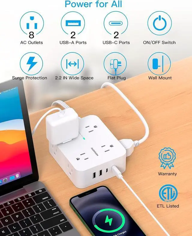 Alt view image 2 of 7 - Surge Protector Power Strip, Extension Cord with Multiple Outlets, 5 Ft Ultra Thin Flat Plug 8 Outlets 4 USB Ports(2USB C), 1080J Outlet Extender for Home Office College Dorm Room Essentials