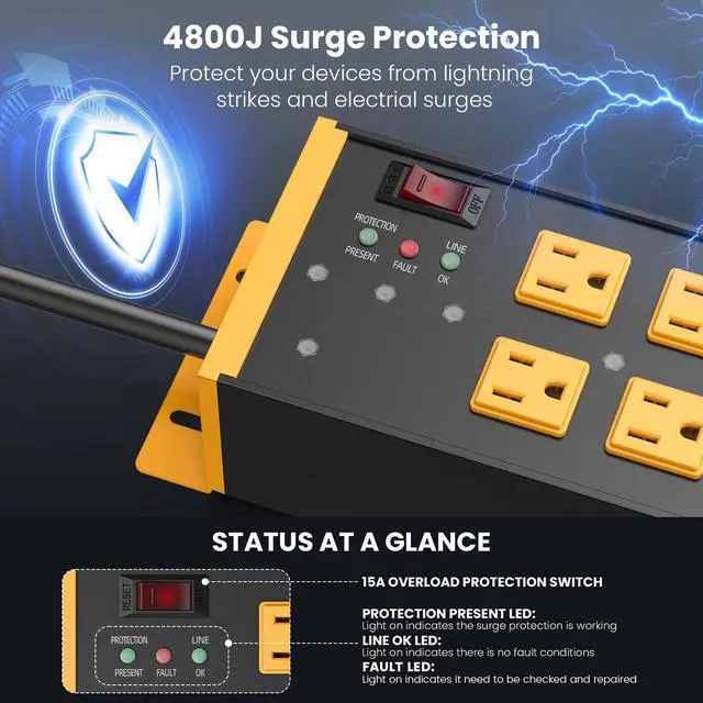 Alt view image 4 of 7 - Heavy Duty Power Strip Surge Protector 4800J, 6 Outlets with EMI/RFI Filtering and Noise Isolated Banks, Wall Mount Metal Multiple Plugs for Industrial Garage Shop, 6FT Extension Cord Flat Plug