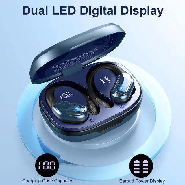 Alt view image 4 of 5 - Wireless Earbud, Bluetooth 5.4 Headphones IP7 Waterproof Sport, 75Hrs Running Wireless Earphones with ENC Noise Canceling Mic, Deep Bass Over Ear bud with Earhooks for Android, iOS, Workout, Gym, Blue
