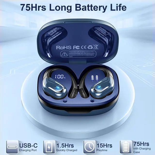 Alt view image 3 of 5 - Wireless Earbud, Bluetooth 5.4 Headphones IP7 Waterproof Sport, 75Hrs Running Wireless Earphones with ENC Noise Canceling Mic, Deep Bass Over Ear bud with Earhooks for Android, iOS, Workout, Gym, Blue