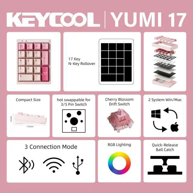 Alt view image 2 of 7 - Y17 Aluminum Mechanical Numpad,Wireless RGB Numeric Keypad,Quick Release Number Pad,Bluetooth 5.0/2.4G/Type-C Tri-Mode Hot Swap 17 Keys PBT Keycap Macro Keypad for Laptop/PC/TKL Keyboards(Pink)