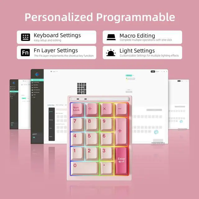 Alt view image 3 of 7 - Y17 Aluminum Mechanical Numpad,Wireless RGB Numeric Keypad,Quick Release Number Pad,Bluetooth 5.0/2.4G/Type-C Tri-Mode Hot Swap 17 Keys PBT Keycap Macro Keypad for Laptop/PC/TKL Keyboards(Pink)