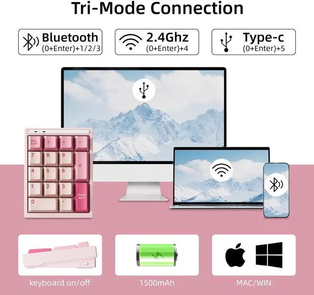 Alt view image 4 of 7 - Y17 Aluminum Mechanical Numpad,Wireless RGB Numeric Keypad,Quick Release Number Pad,Bluetooth 5.0/2.4G/Type-C Tri-Mode Hot Swap 17 Keys PBT Keycap Macro Keypad for Laptop/PC/TKL Keyboards(Pink)