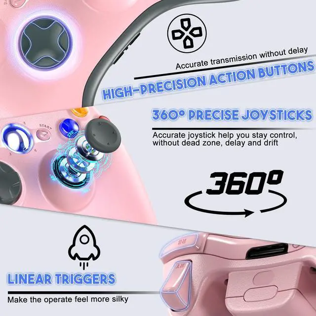 Alt view image 6 of 6 - 2 Pack Replacement for Xbox 360 Controller, Wireless Controllers Gamepad Upgraded Joystick Compatible with 360 & Slim, Windows 11/10/8/7 PC Controller with Dual Shock, 2.5mm Audio Jack (Pink)