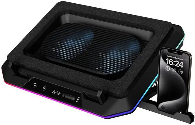 Main image of Black Laptop Cooling Pad for Gaming Laptops up to 19, Dual 135mm Fans, RGB Lighting, 7 Adjustable Heights, USB-A & USB-C Ports, Phone Stand, Aether P1
