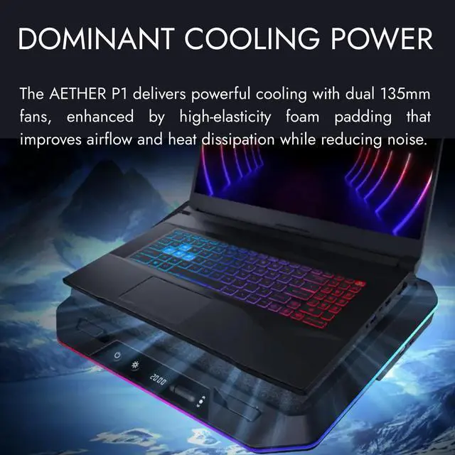 Alt view image 2 of 5 - Black Laptop Cooling Pad for Gaming Laptops up to 19, Dual 135mm Fans, RGB Lighting, 7 Adjustable Heights, USB-A & USB-C Ports, Phone Stand, Aether P1