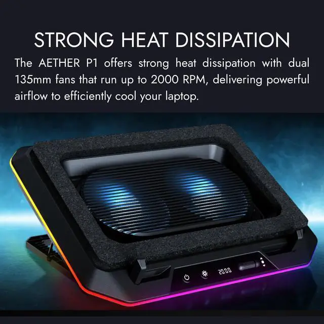 Alt view image 3 of 5 - Black Laptop Cooling Pad for Gaming Laptops up to 19, Dual 135mm Fans, RGB Lighting, 7 Adjustable Heights, USB-A & USB-C Ports, Phone Stand, Aether P1
