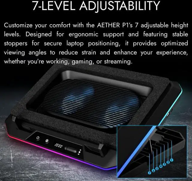 Alt view image 5 of 5 - Black Laptop Cooling Pad for Gaming Laptops up to 19, Dual 135mm Fans, RGB Lighting, 7 Adjustable Heights, USB-A & USB-C Ports, Phone Stand, Aether P1