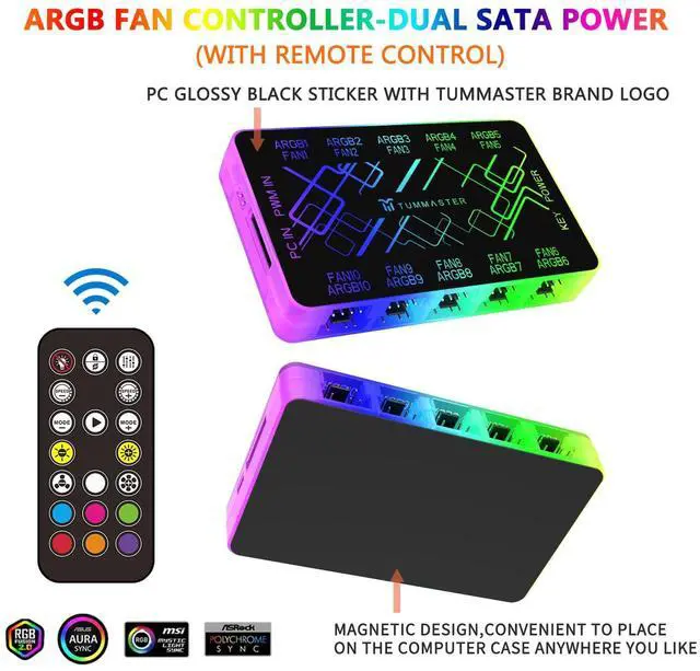 Alt view image 5 of 7 - ARGB Fan HUB, 9/10 Port 4 Pin PC Fan Controller, 5V-3Pin LED Hub, Magnetic Suction, SATA Power Input,RF Remote & Chassis Key Control,Controller Support ARGB PWM Fans Splitter (J-10 Pro)