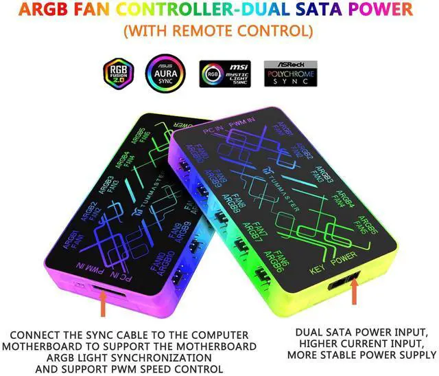 Alt view image 7 of 7 - ARGB Fan HUB, 9/10 Port 4 Pin PC Fan Controller, 5V-3Pin LED Hub, Magnetic Suction, SATA Power Input,RF Remote & Chassis Key Control,Controller Support ARGB PWM Fans Splitter (J-10 Pro)