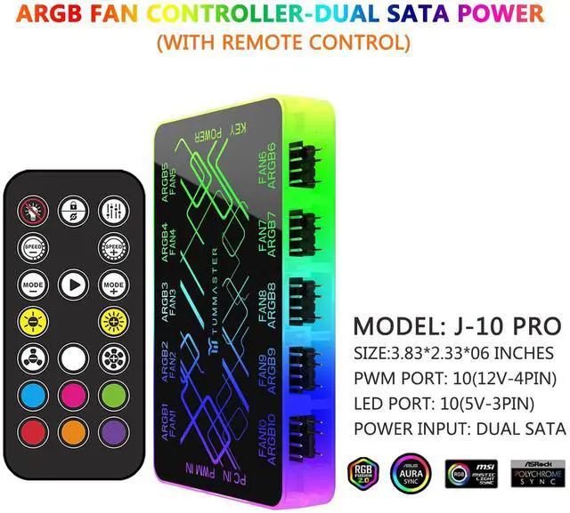 Alt view image 2 of 7 - ARGB Fan HUB, 9/10 Port 4 Pin PC Fan Controller, 5V-3Pin LED Hub, Magnetic Suction, SATA Power Input,RF Remote & Chassis Key Control,Controller Support ARGB PWM Fans Splitter (J-10 Pro)