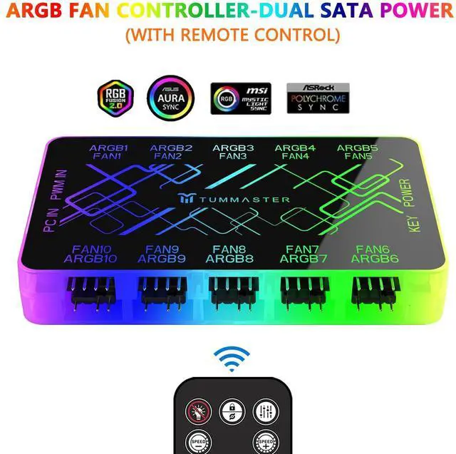 Alt view image 6 of 7 - ARGB Fan HUB, 9/10 Port 4 Pin PC Fan Controller, 5V-3Pin LED Hub, Magnetic Suction, SATA Power Input,RF Remote & Chassis Key Control,Controller Support ARGB PWM Fans Splitter (J-10 Pro)