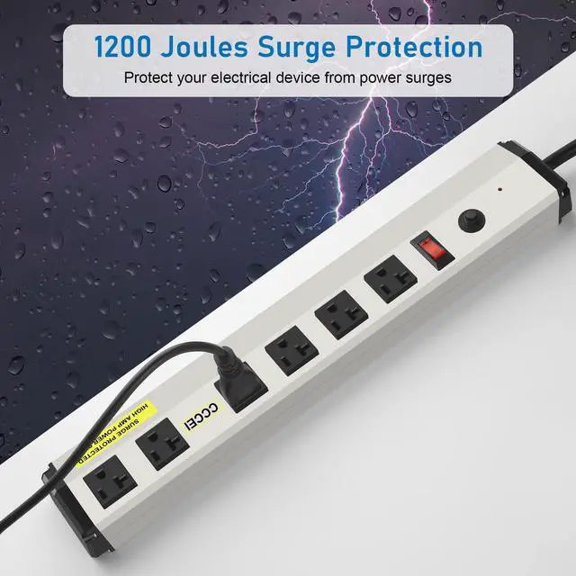 Alt view image 3 of 5 - Heavy Duty Power Strip Surge Protector 20 Amp, High Amp Industrial Shop Garage Metal Multiple Outlets, 6 FT 12 Gauge 5-15P Extension Cord 6 Outlet 6-20R T-Slot 20a for Appliance.