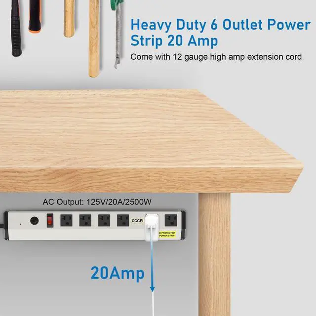 Main image of Heavy Duty Power Strip Surge Protector 20 Amp, High Amp Industrial Shop Garage Metal Multiple Outlets, 6 FT 12 Gauge 5-15P Extension Cord 6 Outlet 6-20R T-Slot 20a for Appliance.