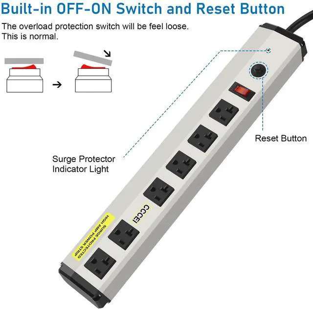 Alt view image 4 of 5 - Heavy Duty Power Strip Surge Protector 20 Amp, High Amp Industrial Shop Garage Metal Multiple Outlets, 6 FT 12 Gauge 5-15P Extension Cord 6 Outlet 6-20R T-Slot 20a for Appliance.