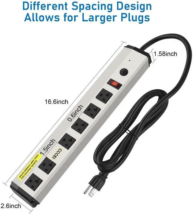 Alt view image 5 of 5 - Heavy Duty Power Strip Surge Protector 20 Amp, High Amp Industrial Shop Garage Metal Multiple Outlets, 6 FT 12 Gauge 5-15P Extension Cord 6 Outlet 6-20R T-Slot 20a for Appliance.