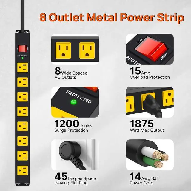 Alt view image 5 of 5 - Metal 8 Outlet Mountable Power Strip with 1200J Surge Protector,Wall Mount Heavy Duty Long Power Strip,Wide Spaced Outlet with Switch,6FT Cord