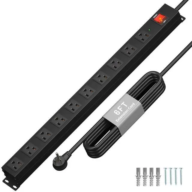 Main image of 10 Outlet Heavy Duty Power Strip, 2100J Surge Protector with 6FT Extension Cord, 15A/1875W Wall Mount Power Strip Design,Safety Switch,Overload Protection for Home Office Workshop - Black