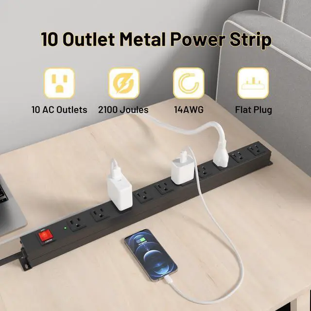 Alt view image 2 of 7 - 10 Outlet Heavy Duty Power Strip, 2100J Surge Protector with 6FT Extension Cord, 15A/1875W Wall Mount Power Strip Design,Safety Switch,Overload Protection for Home Office Workshop - Black