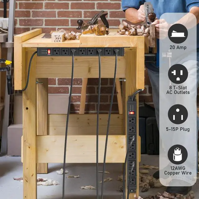Alt view image 3 of 6 - 20 Amp Power Strip Surge Protector 4800J, Heavy Duty 8 Outlet Metal Multi Angle Mount, 20A Garage Power Strip Shop 6-20R T-Slot, 5-15P Plug 12 Gauge Extension Cord 4ft for Appliance